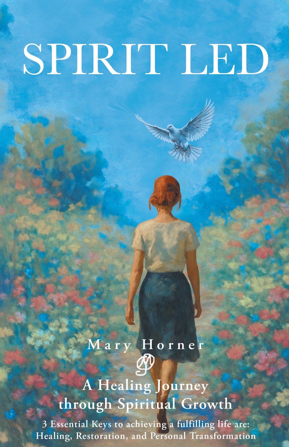 Cover of Spirit Led by Mary Horner — a woman walking a flowered garden path toward a descending white dove.